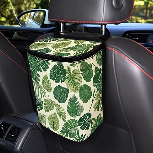 Talayituse Tropical Monstera Palm Leaves Print Car Trash Bin, Large Size Auto Trash Can Adjustable Portable Garbage Can with Lid, Vehicle Hanging Bag for Headrest Front Back Seat