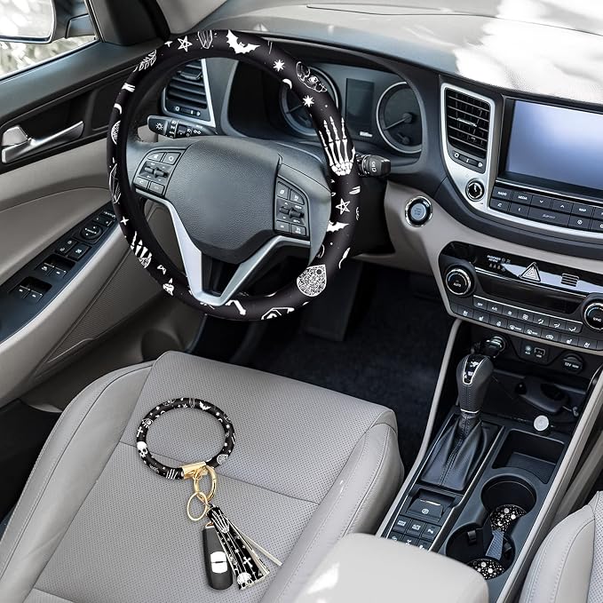 4 Pieces Black Moons White Stars Print Car Accessories Set Black Moons White Stars Steering Wheel Cover with 2 Pieces Car Cup Holder and Leather Keyring for Truck SUV(Horror Pattern)