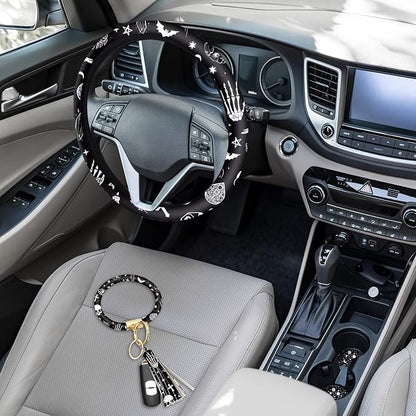4 Pieces Black Moons White Stars Print Car Accessories Set Black Moons White Stars Steering Wheel Cover with 2 Pieces Car Cup Holder and Leather Keyring for Truck SUV(Horror Pattern)