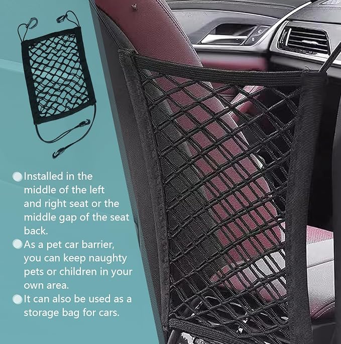 1 PC Car Separator Mesh Between Front Seats, 11.4" x 10.2" Double Layer Coarse Mesh Pet Anti-falling Safety Barrier, Portable Multifunctional Organizer Accessory, Suitable for Cars (Black)