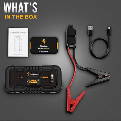 Econour 4000A Car Jump Starter – 12V Battery Booster Pack for Up to 10L Gas & 10L Diesel Engines, 25000mAh Portable Power Bank with 65W Fast Charging, LED Display, Jumper Cables & Emergency Flashlight