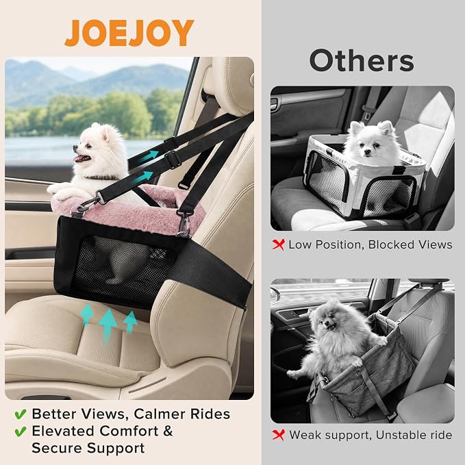JOEJOY Deluxe Dog Booster Seat with Sturdy Metal Frame and Safety Leash for Small Pets up to 20 lbs - Portable Puppy Dog Car Seat with Thick Cushion and Storage Pockets for Small Dogs, Pink