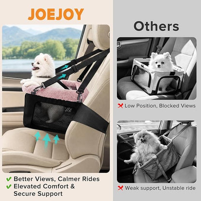 JOEJOY Deluxe Dog Booster Seat with Sturdy Metal Frame and Safety Leash for Small Pets up to 20 lbs - Portable Puppy Dog Car Seat with Thick Cushion and Storage Pockets for Small Dogs, Pink