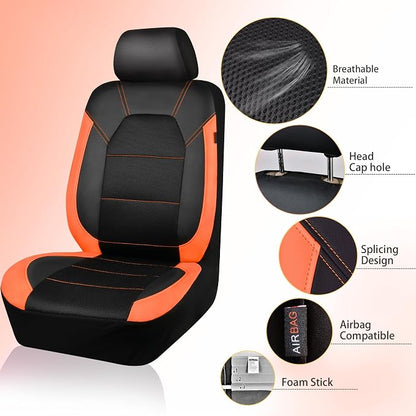 CAR PASS Leather Seat Covers, Breathable Universal Car Seat Cover Full Set for Cute Women Girly,5mm Composite Sponge Inside,Airbag Compatible Fits Most Auto,SUVs,Trucks,Vans(Full Set,Black&Orange)