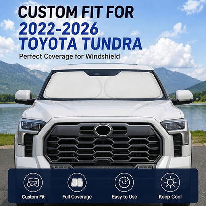 Custom Fit Windshield Sun Shade for Toyota Tundra 2022-2026 | Custom Fit Windshield Cover, Blocks UV Rays, Double-Layer Heat Shield, Durable Frame, Easy Fold & Storage