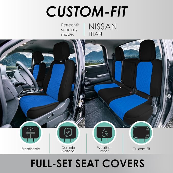 FH Group Custom Fit Car Seat Covers Specifically Made for 2022-2026 Nissan Frontier, Full Set Blue Ultraflex Neoprene Waterproof Automotive Seat Covers for Pickup Truck, Nissan Accessories