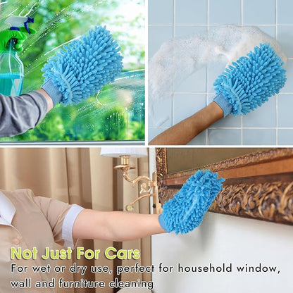 3 Pack Chenille Microfiber Car Wash Mitt, 7" x 9.6" Car Washing Mitts, Home Dusting Gloves, Scratch Free Lint-Free, Highly Absorbent, Double Sided, for Cleaning Detailing Polish (Blue)