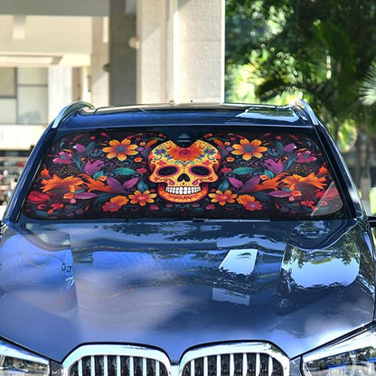 Windshield Sun Shade Abstract Sugar Skull Front Window Block UV Shades Visor Reflective Retractable for Car SUV Trucks
