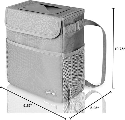SIBOFUEGO Car Trash Can Cute - Car Accessory for Garbage and Storage, Adjustable and Collapsible Car Garbage Can, Waterproof and 100% Leak-Proof Car Trash Bin with Lid, 2 Gallons (Leopard-Print Gray)