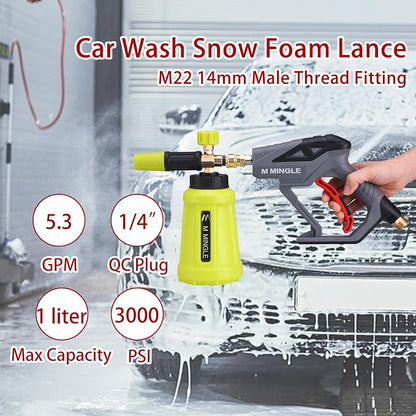 M MINGLE High Pressure Washer Gun Snow Foam Lance, 4000 PSI Cannon Foam Blaster Power Washer with 1/4" Quick Connector, Car Wash Foam Cannon Kit with 5 Pressure Washer Nozzle Tips, 1 Liter