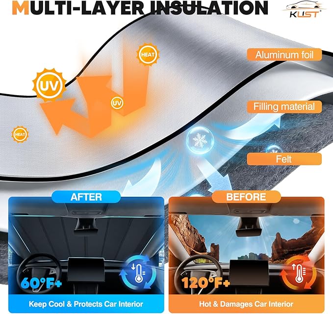 KUST Windshield Sun Shade for Tesla Model Y 2019-2024(Fit Model Y Juniper 2024 2025) Foldable Thicken Window Sunshade UV Protection Keep Cool Sunshield Sun Visor Accessories Aluminum Film