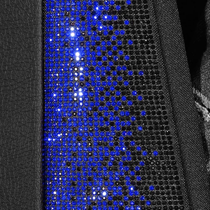 CAR PASS Bling Diamond Black Leather Car Seat Covers for 2 Front Interior Sets, Waterproof Shining Glitter Sparkly Crystal Universal Armrest Fit Automotive Truck SUV Cute Women Girl, Blue Rhinestone