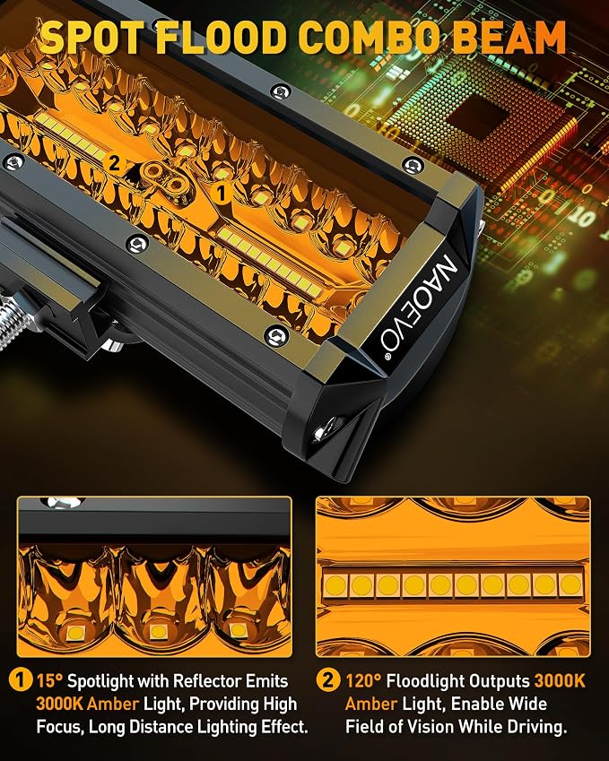 NAOEVO 7 Inch Amber LED Light Bar, 240W 24,000LM Offroad Fog/Driving Lights with Spot Flood Combo, LED Pods for Truck Boat UTV ATV, 2 Pack (Amber)