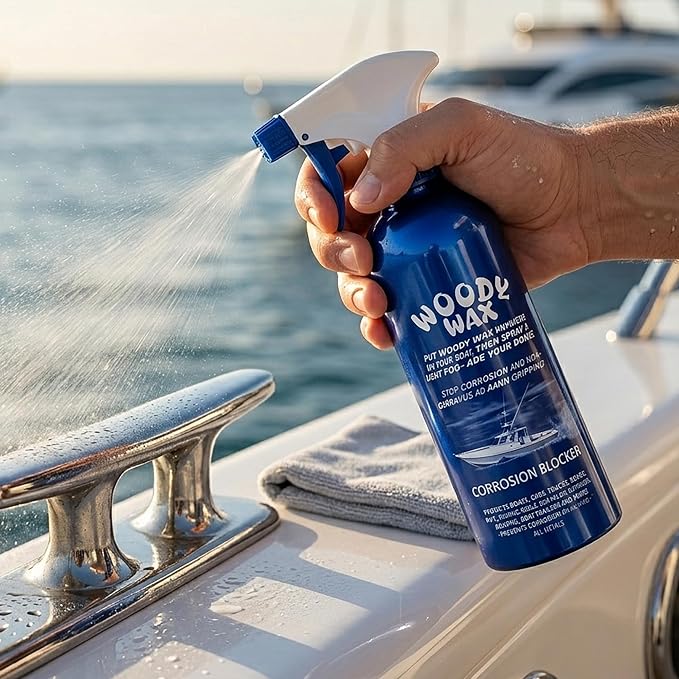Woody Wax Boat Spray, Non-Skid Deck Wax & Professional Metal Restorer, All-In-One Marine Protection for Decks, Hulls & Towers, No-Buff Formula Against Corrosion, Saltwater & UV Damage, 16 Oz