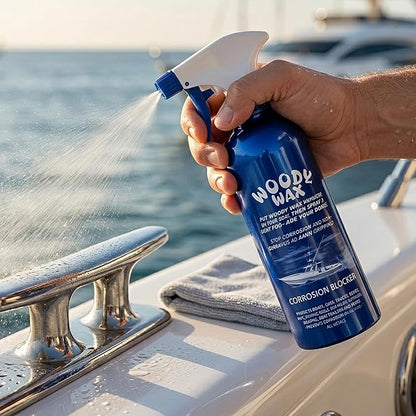 Woody Wax Boat Spray, Non-Skid Deck Wax & Professional Metal Restorer, All-In-One Marine Protection for Decks, Hulls & Towers, No-Buff Formula Against Corrosion, Saltwater & UV Damage, 16 Oz