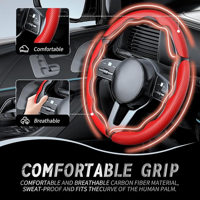 WOCOCN 3pcs Car Steering Wheel Cover,Anti-Skid Carbon Fiber Steering Wheel Protector for Men Women,Multiple Color Options,Universal for Most Car Interiors Accessories (Red 3PCS)