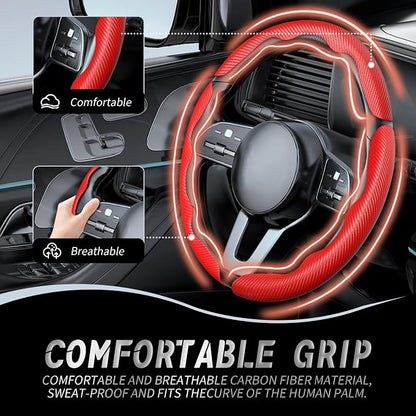 WOCOCN 3pcs Car Steering Wheel Cover,Anti-Skid Carbon Fiber Steering Wheel Protector for Men Women,Multiple Color Options,Universal for Most Car Interiors Accessories (Red 3PCS)
