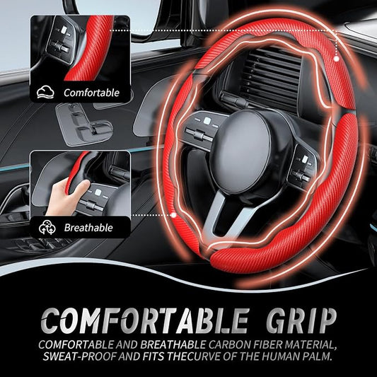 WOCOCN 3pcs Car Steering Wheel Cover,Anti-Skid Carbon Fiber Steering Wheel Protector for Men Women,Multiple Color Options,Universal for Most Car Interiors Accessories (Red 3PCS)