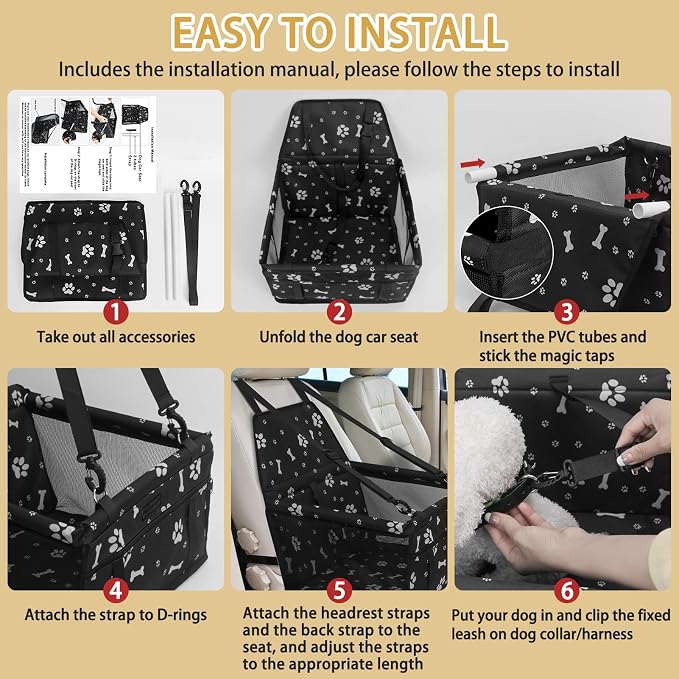 Dog Car Seat, Foldable Dog Car Booster Seat Waterproof Breathable Oxford Travel Bag for Small to Medium Dogs, Puppies, and Pets-Pattern Black