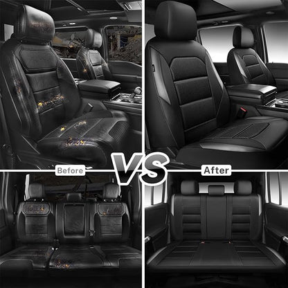 CAR PASS Memory Foam Car Seat Covers Full Set,Breathable Mesh Thick Seat Covers for Car,Gray Metal Film Leather Seat Covers,Universal Automotive Comfort for Most Car,Truck,Airbag Compatible,Black Gray