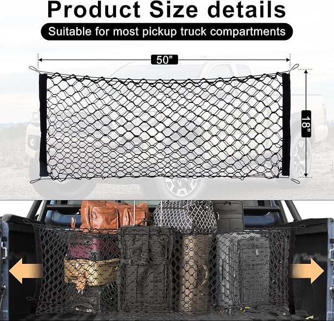 Amiss Truck Bed Cargo Net Stretchable, Adjustable Trunk Storage Net with Hook, Accessories for Pickup Bed Divider Organizer and Storage, Compatible with Chevy Silverado Ford F150 GMC (50"x 18")