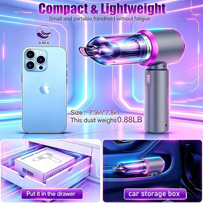 Handheld Cordless Car Vacuum Cleaner with 20000PA Powerful Suction4-in-1 Portable Mini Vacuum/Compressed Air Duster| 3-Speed Adjustable & 6000MAH Rechargeable Battery for Home Office Pet Hair