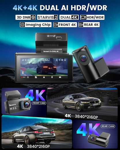 Dash Cam Front and Rear - Sarmert C4 Dual 4K Built-in GPS and 5G WiFi, Free 128GB Card Included, HDR Night Vision, WDR, 4K UHD Dash Camera for Cars, App, 24H Parking Mode