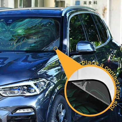 Windshield Sun Shade Green Dragon Front Window Block UV Shades Visor Reflective Retractable for Car SUV Trucks