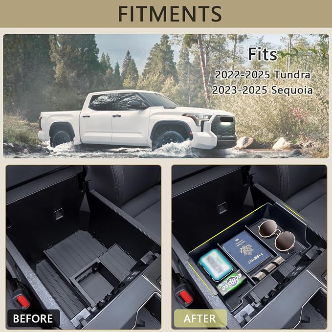 Center Console Organizer Tray Compatible with Toyota Tundra Accessories 2022 2023 2024 2025 2026 and 2023-2026 Sequoia Armrest Box Secondary Storage Tray Interior Accessories