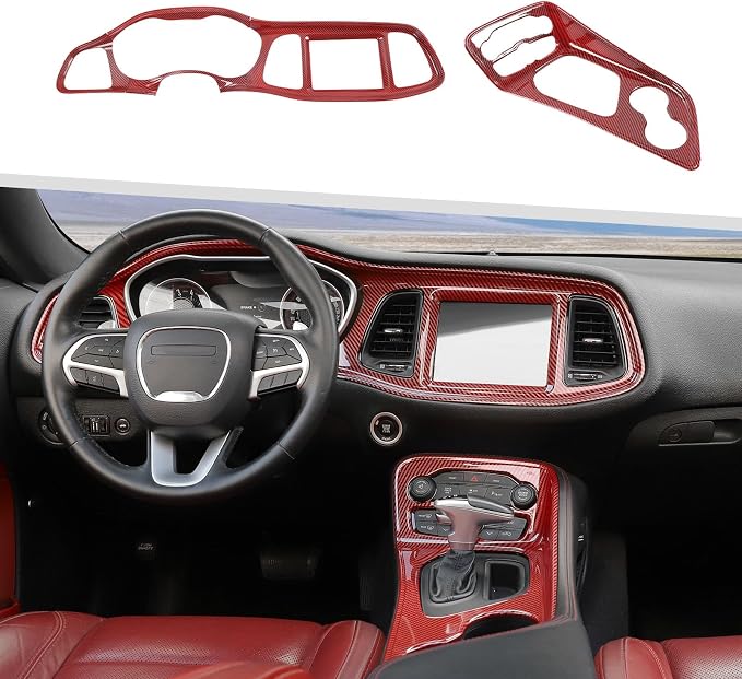 Jimen Fit for Dodge Challenger 2015-2024, 5PCS Center Console Dash Trim Kits Instrument Cluster Panel & Gear Shift Panel Cover (Red Carbon Fiber)