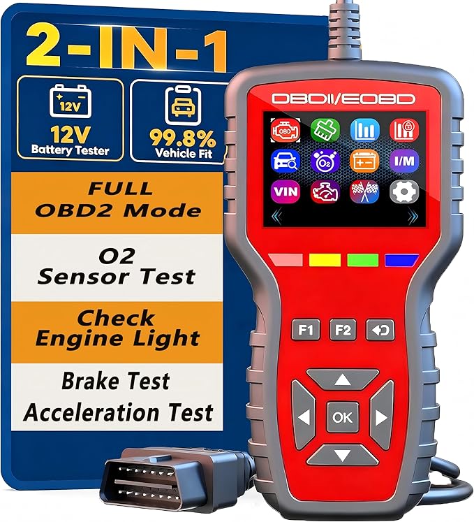 OBD2 Enhanced Scanner and Battery Tester 2-in-1, Car Code Reader and Engine Fault Diagnostic Tool for 1996+ OBDII Protocol Cars，red