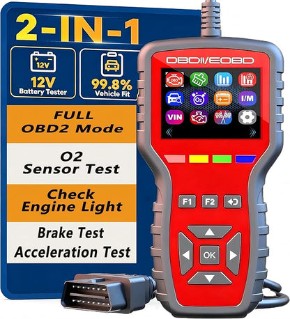 OBD2 Enhanced Scanner and Battery Tester 2-in-1, Car Code Reader and Engine Fault Diagnostic Tool for 1996+ OBDII Protocol Cars，red