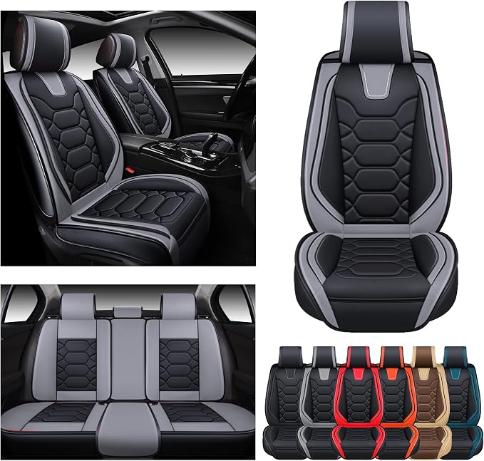 OASIS AUTO Car Seat Covers Full Set, Sporty Faux Leather with Honeycomb Pattern, Waterproof Universal Fit for SUV, Sedan, Pick-up Truck, Automotive Interior Accessories (OS-004 Black&Gray)