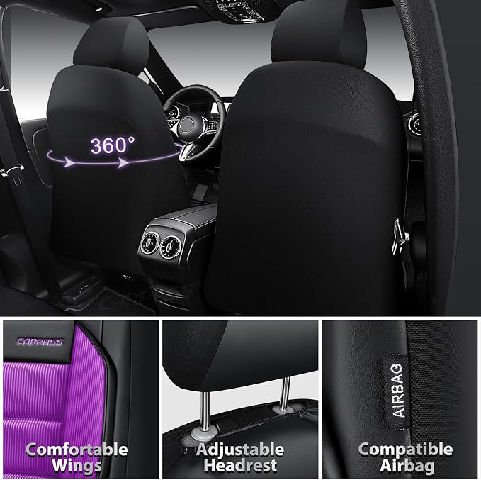 CAR PASS Memory Foam Seat Covers Full Sets, Airy Cool Mesh Thick Car Seat Covers Women, Leather Car Seat Covers 5 Seats Airbag Compatible, Universal Automotive Comfort for Cars, Trucks, SUV, Purple