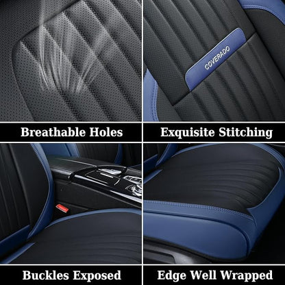 Coverado Car Seat Covers Full Set, Car Seat Protector Car Seat Cushion, Nappa Leather Seat Covers for Cars, Front and Back Seat Protectors Cushions Universal Fit for Most Cars Vehicles(Blue&Black)