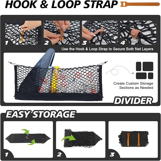 Muslogy Truck Bed Cargo Net Trunk Netting Compatible with 2021-2025 2026 Jeep Grand Cherokee L (3-Row GCL) Accessories, Pickup Cargo Organizer SUV Sedan Storage Net w/Heavy Duty Carabiners