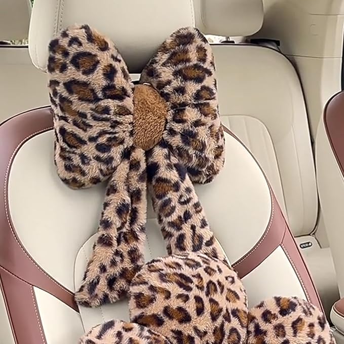 Car Neck Pillow 2PCS Plush Bowknot Car Headrest Pillow – Comfortable Neck Support for Driving Soft Touch Fabric Car Pillow Cute Interior Decor (Leopard)
