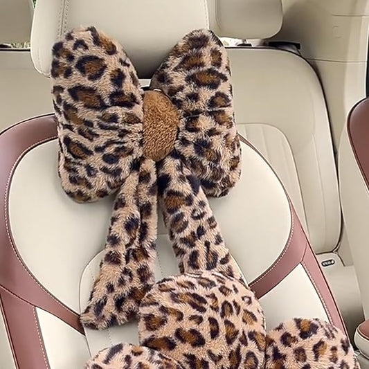Car Neck Pillow 2PCS Plush Bowknot Car Headrest Pillow – Comfortable Neck Support for Driving Soft Touch Fabric Car Pillow Cute Interior Decor (Leopard)