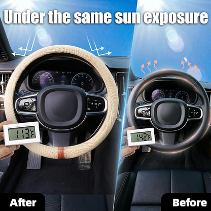 Universal Car Steering Wheel Cover for Summer, Non-Slip Breathable Cooling Steering Wheel Cover Protector with Brown Mark Upgraded Silicone Inner Ring for Summer D Shape & Round Shape, Khaki