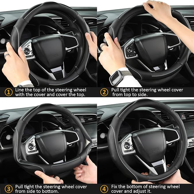 West Llama 3D Piping Leather Steering Wheel Cover for Honda Accord Civic CR-V HR-V Pilot Fit Passport Odyssey 14.5-15 inch(Black+Gray Line-Standrad Size)