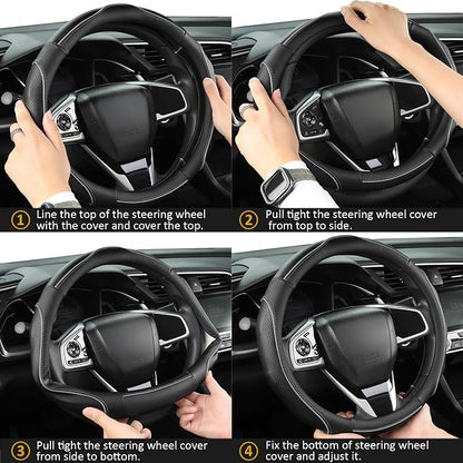 West Llama 3D Piping Leather Steering Wheel Cover for Honda Accord Civic CR-V HR-V Pilot Fit Passport Odyssey 14.5-15 inch(Black+Gray Line-Standrad Size)