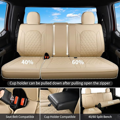 Huidasource F150 F250 F350 Front&Rear Leather Seat Covers Fit for 2015-2025 Ford F150 SuperCrew & 2017-2025 F250 F350 F450 Super Duty Crew Cab XL XLT Lariat King Ranch Platinum(Full Set/Beige)