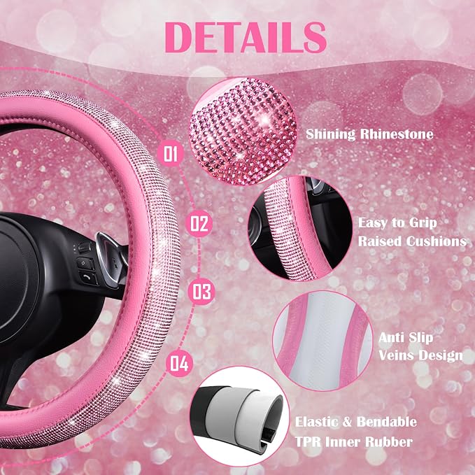 CAR PASS 11 PCS Bling Car Accessories Set for Women, Sparkly Rhinestone Diamond Steering Wheel Cover, Bling Seat Belt Cushion, Shift Knob Cover, Push Start Button Ring, Car Cup Holder Coaster, Pink