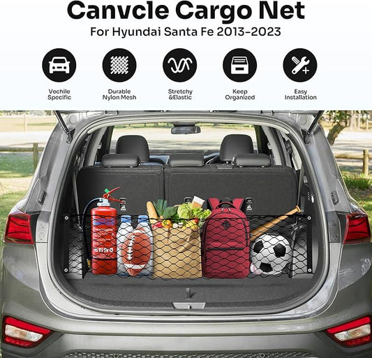 Canvcle Trunk Cargo Net for 2019-2025 2026 Hyun-dai Santa Fe Accessories Envelope Style Mesh Trunk Net Organizer and Storage Stretchable Adjustable Elastic Nylon Rear Cargo Netting with Hooks