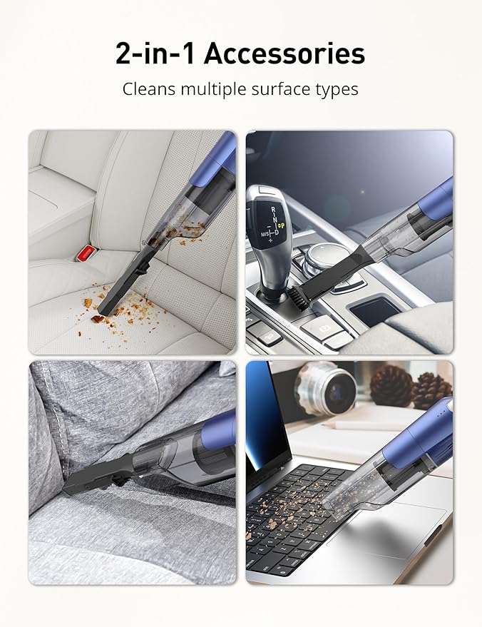 Handheld Vacuum Cordless, 24KPA Powerful Car Vacuum, Rechargeable, Charging Dock, Ergonomic Handle, 2-in-1 Crevice Tool, 1.8lb Portable Vacuum Cleaner with 2-Speed for Car, Home