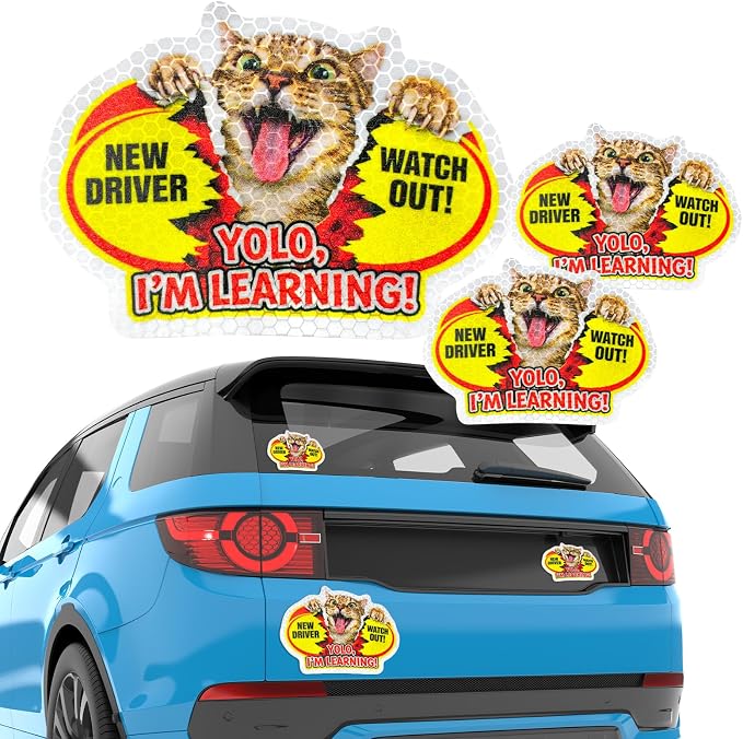 3 Pcs Reflective Student Driver Magnet and Stickers Set - Funny Animal New Driver Safety Signs for Car, Waterproof & Weatherproof High Visibility Vehicle Bumper Decals, Magnet + Stickers (Cat)