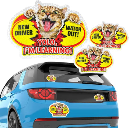 3 Pcs Reflective Student Driver Magnet and Stickers Set - Funny Animal New Driver Safety Signs for Car, Waterproof & Weatherproof High Visibility Vehicle Bumper Decals, Magnet + Stickers (Cat)