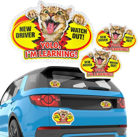 3 Pcs Reflective Student Driver Magnet and Stickers Set - Funny Animal New Driver Safety Signs for Car, Waterproof & Weatherproof High Visibility Vehicle Bumper Decals, Magnet + Stickers (Cat)
