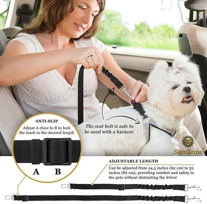 SunGrow Elastic Nylon Dog Seat Belt, 24” - 36”, Adjustable Black Harness, Elastic Tether with Metal Buckles, 2 Pcs per Pack
