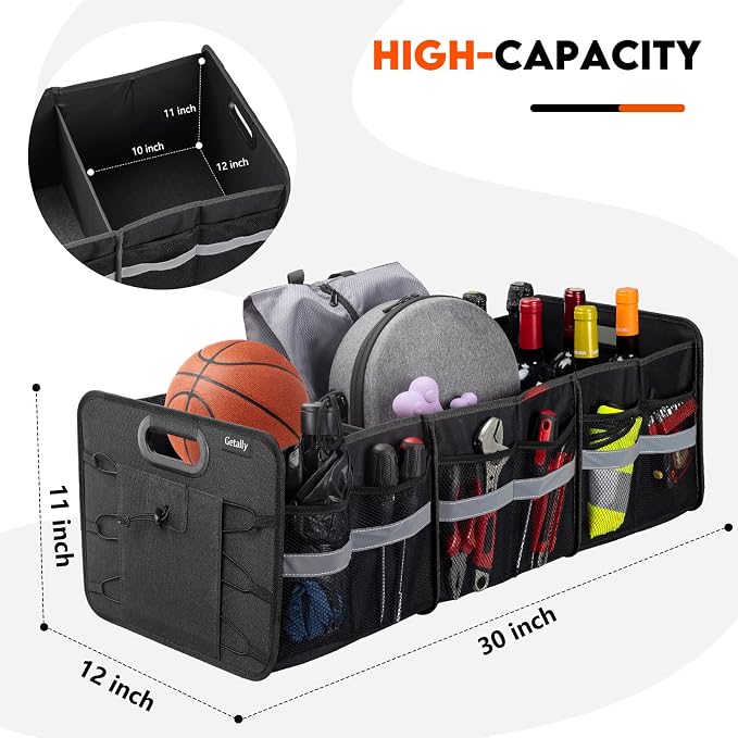 Trunk Organizer for Car， Collapsible Trunk Organizer with Multi Pockets, 3 Compartments Storage Organizer for Car SUV, Truck, Sedan